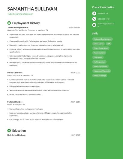 Tube Cleaning Operator Resume