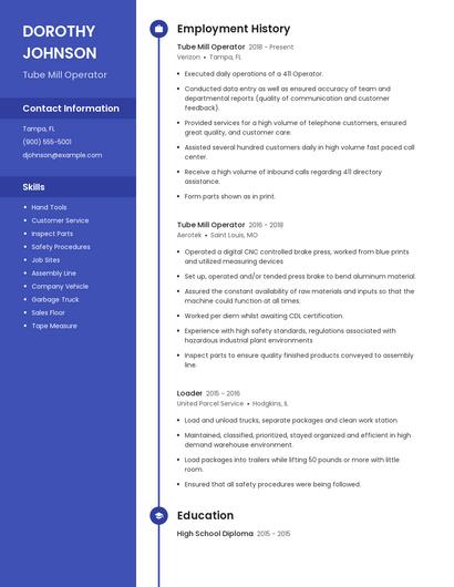 Tube Mill Operator Resume