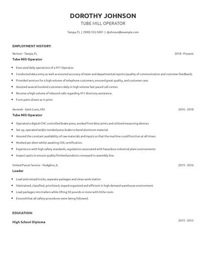 Tube Mill Operator Resume