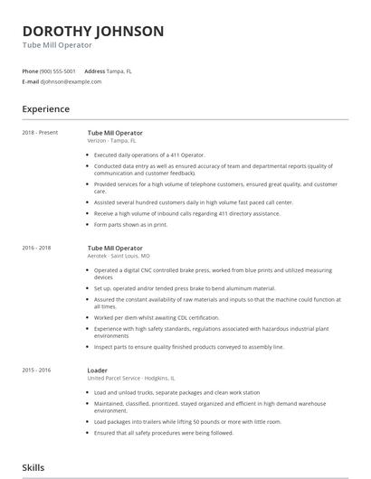 Tube Mill Operator Resume