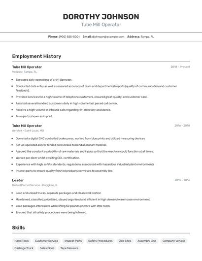 Tube Mill Operator Resume