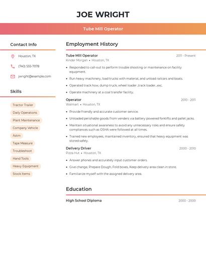Tube Mill Operator Resume