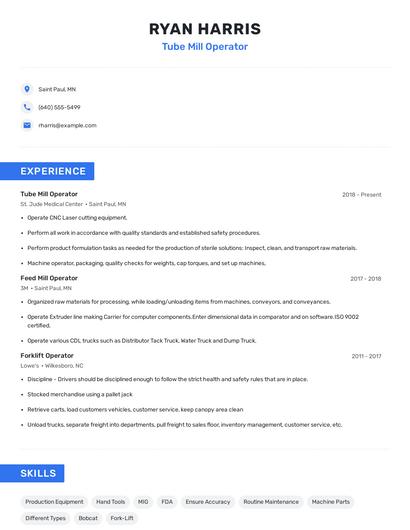 Tube Mill Operator Resume