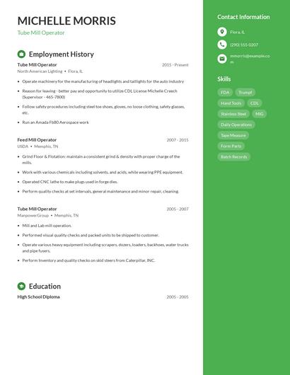 Tube Mill Operator Resume