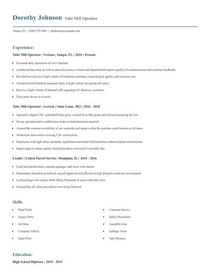 Tube Mill Operator Resume
