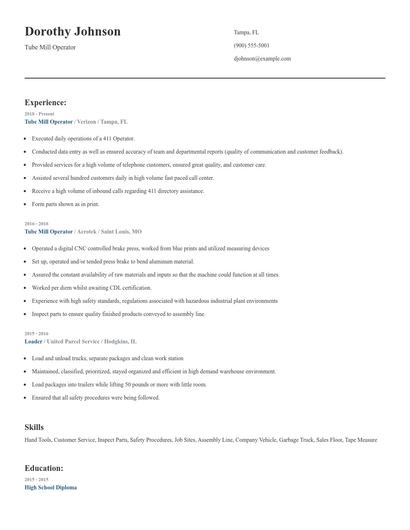 Tube Mill Operator Resume