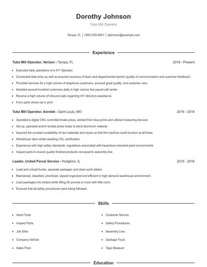 Tube Mill Operator Resume