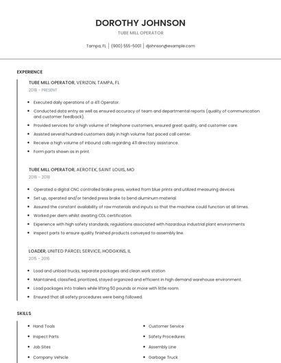 Tube Mill Operator Resume