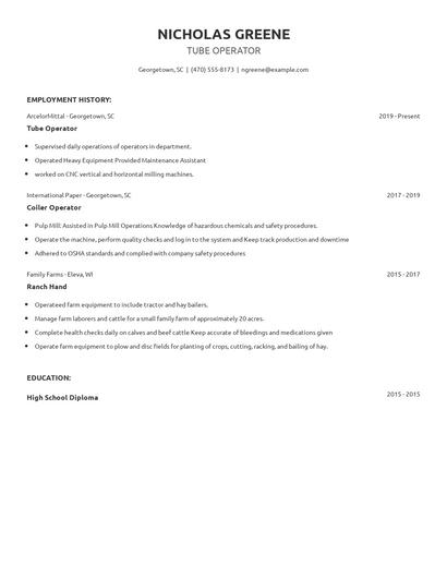 Tube Operator Resume