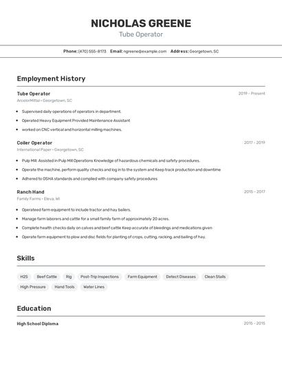 Tube Operator Resume