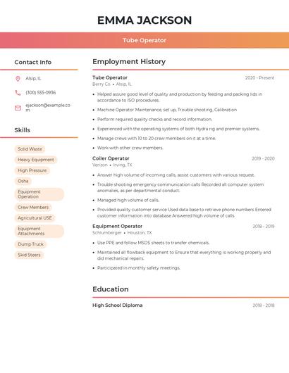 Tube Operator Resume