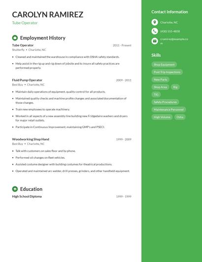 Tube Operator Resume