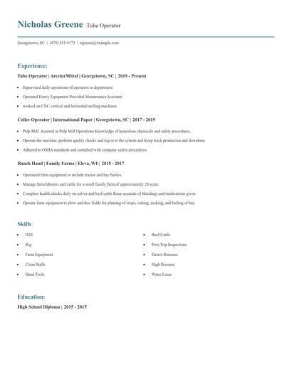 Tube Operator Resume