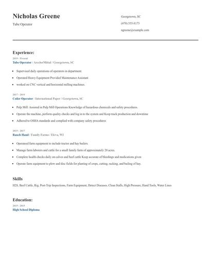 Tube Operator Resume