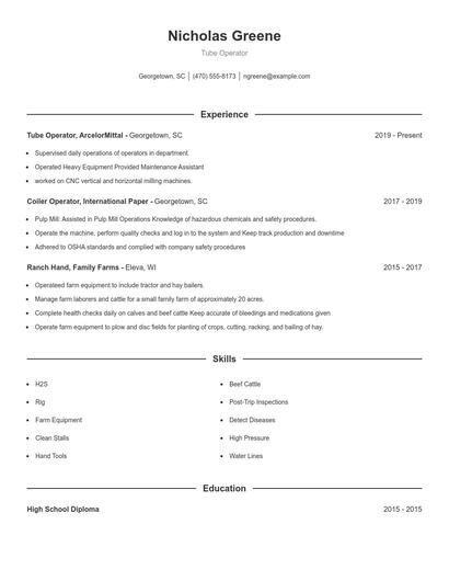 Tube Operator Resume