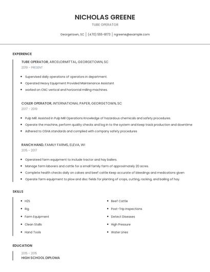 Tube Operator Resume