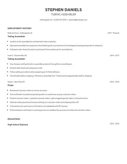 Tubing Assembler Resume