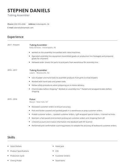 Tubing Assembler Resume