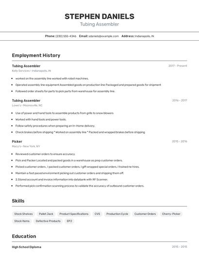 Tubing Assembler Resume