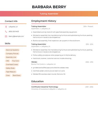 Tubing Assembler Resume
