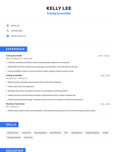 Tubing Assembler Resume