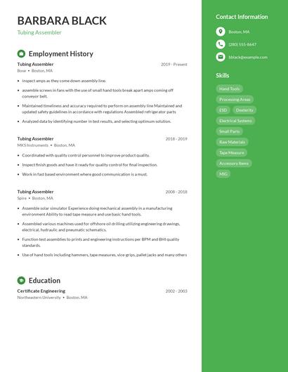 Tubing Assembler Resume