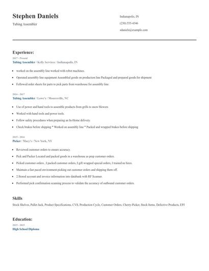 Tubing Assembler Resume