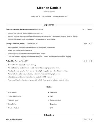 Tubing Assembler Resume