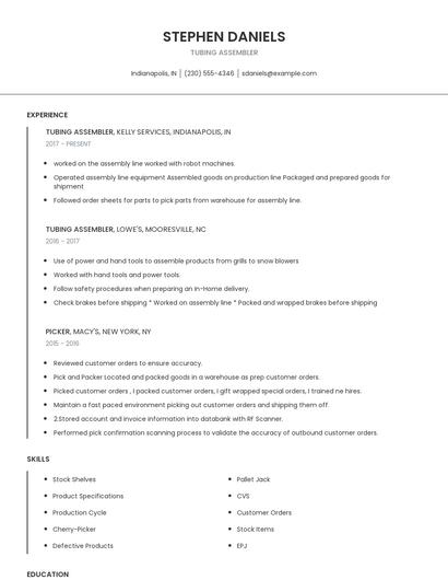 Tubing Assembler Resume