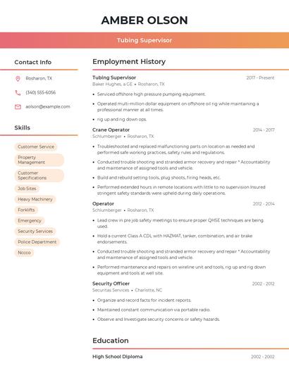 Tubing Supervisor Resume