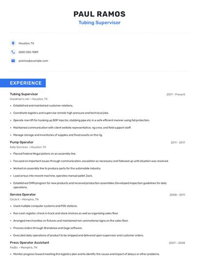 Tubing Supervisor Resume