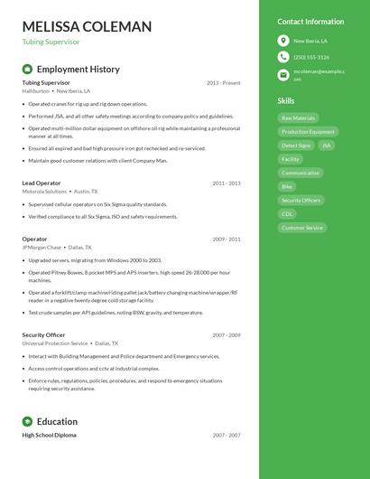 Tubing Supervisor Resume