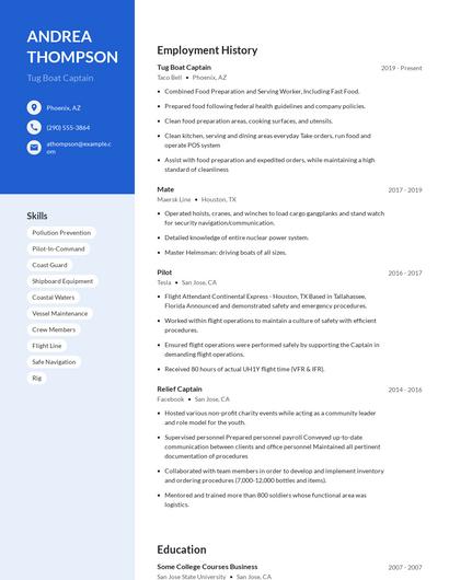 Tug Boat Captain Resume