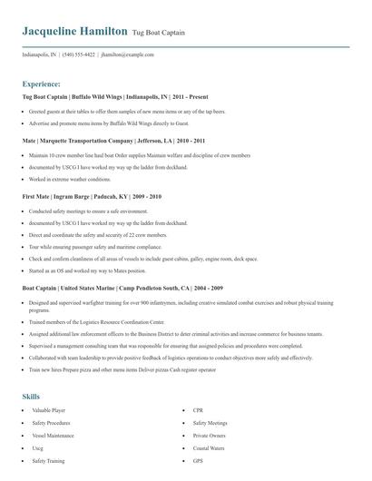 Tug Boat Captain Resume
