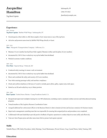 Tug Boat Captain Resume