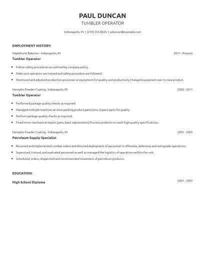 Tumbler Operator Resume