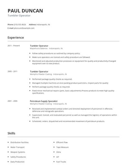 Tumbler Operator Resume