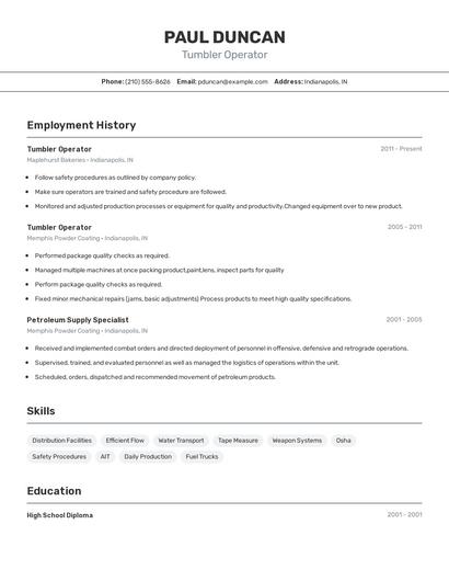 Tumbler Operator Resume