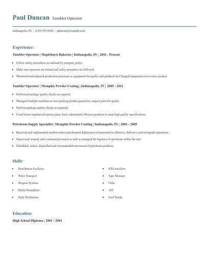 Tumbler Operator Resume