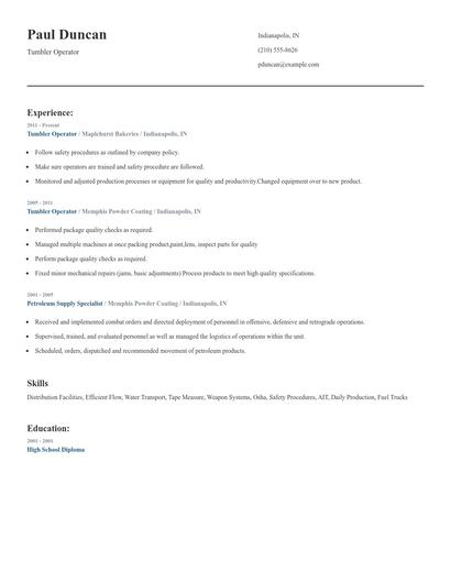 Tumbler Operator Resume