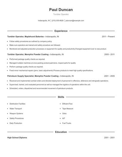 Tumbler Operator Resume