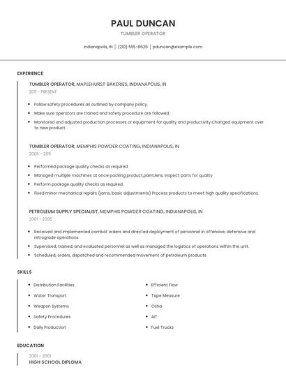 Tumbler Operator Resume