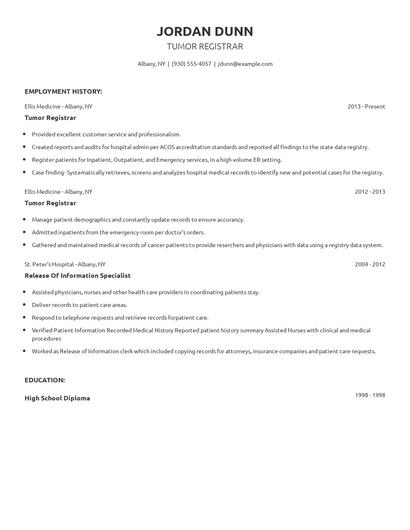 Tumor Registrar Resume