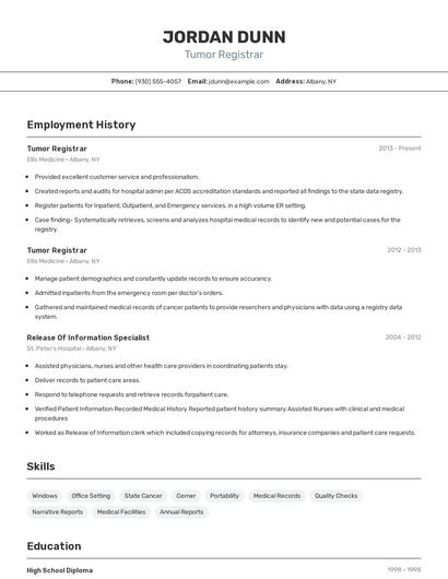 Tumor Registrar Resume
