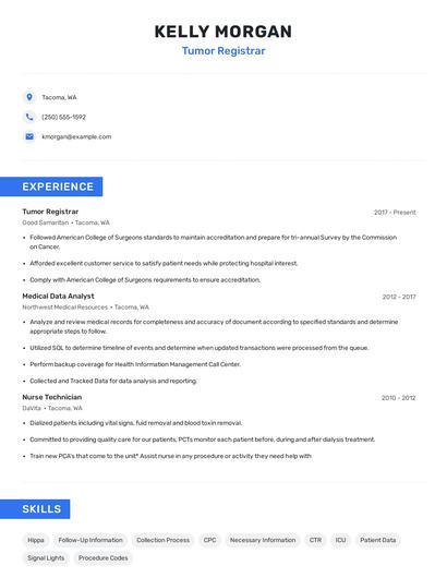 Tumor Registrar Resume