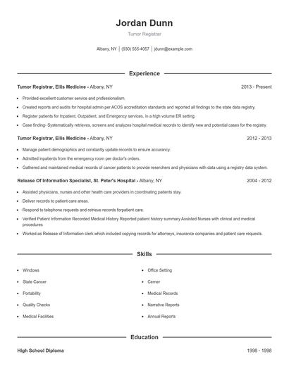 Tumor Registrar Resume