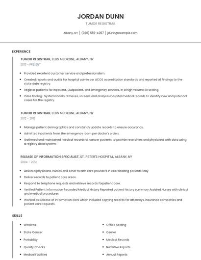 Tumor Registrar Resume