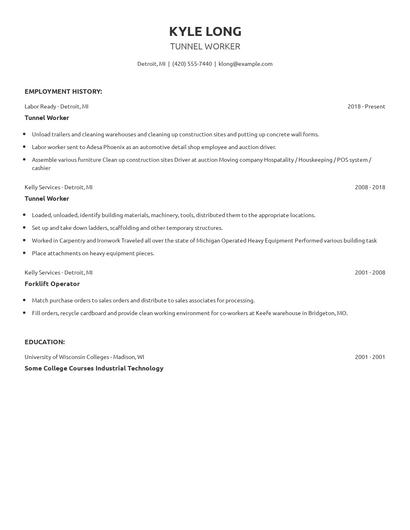 Tunnel Worker Resume