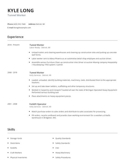 Tunnel Worker Resume