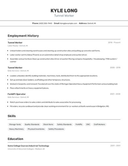 Tunnel Worker Resume